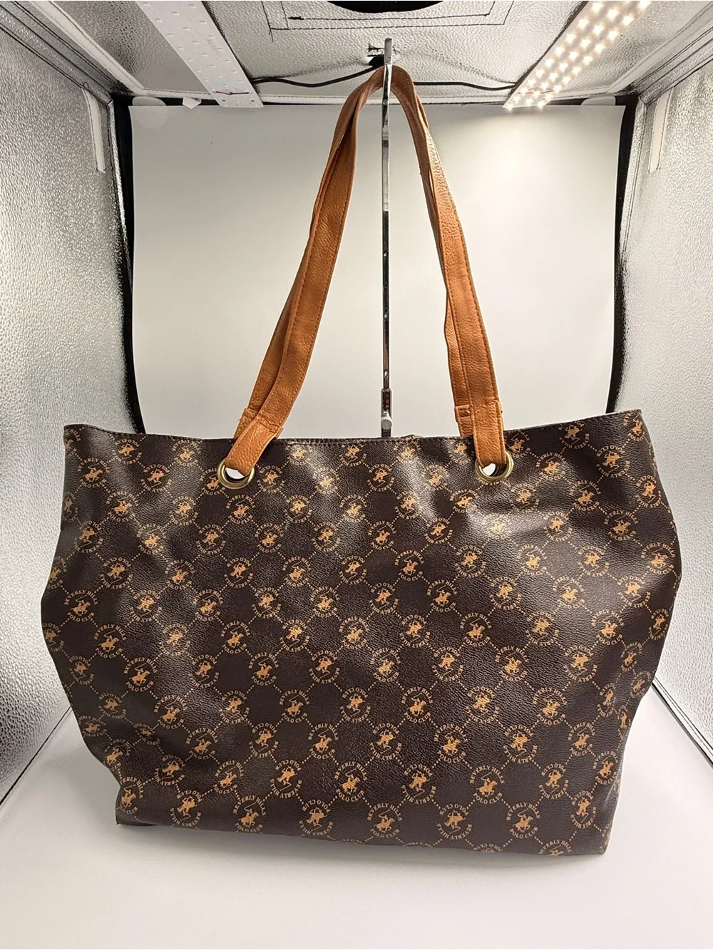 Beverly Hills Polo Club Brown Monogram Tote with Tan Handles